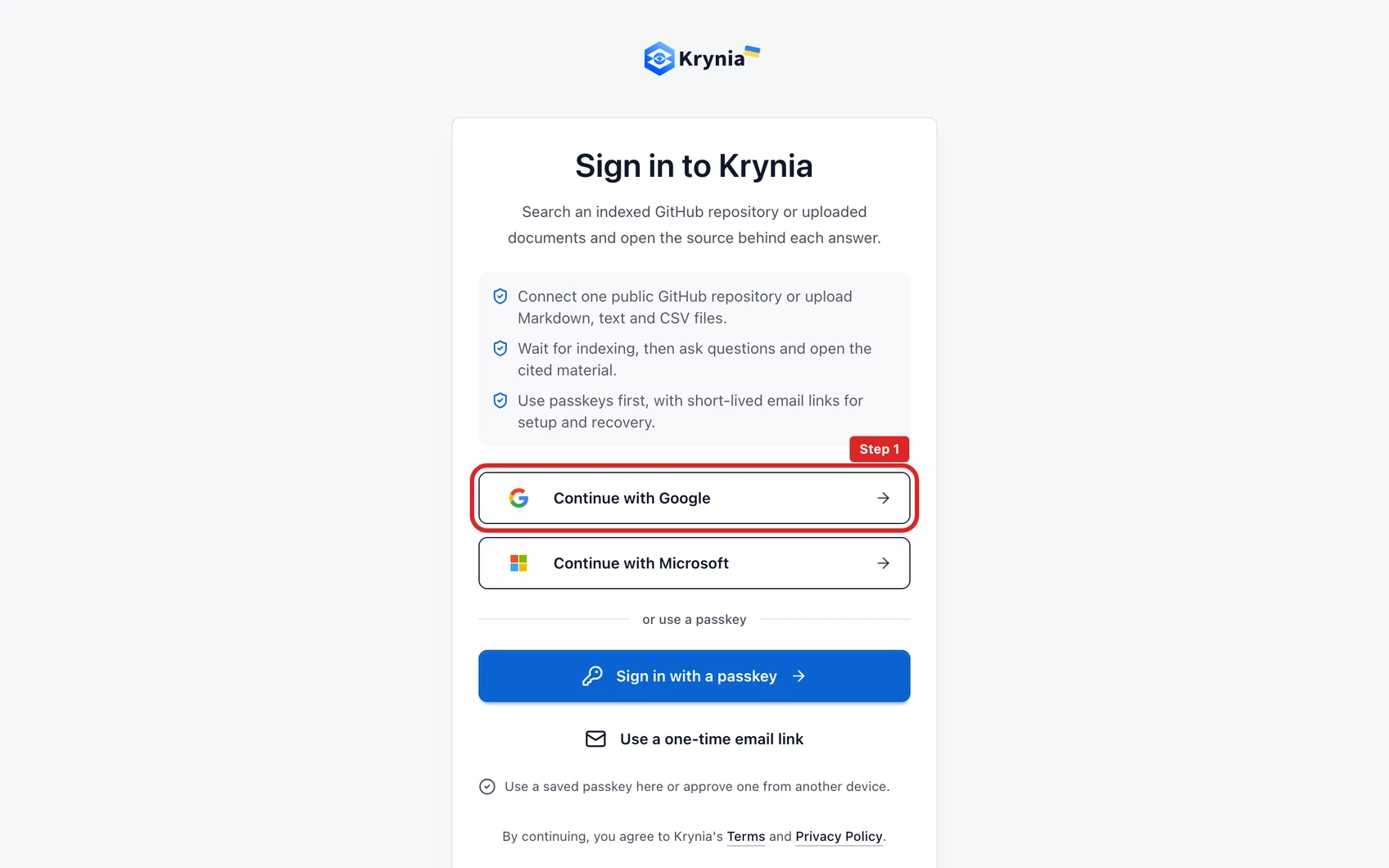 Create your first Krynia workspace: step 1. Open Sign in and continue with your company Google or Microsoft identity.