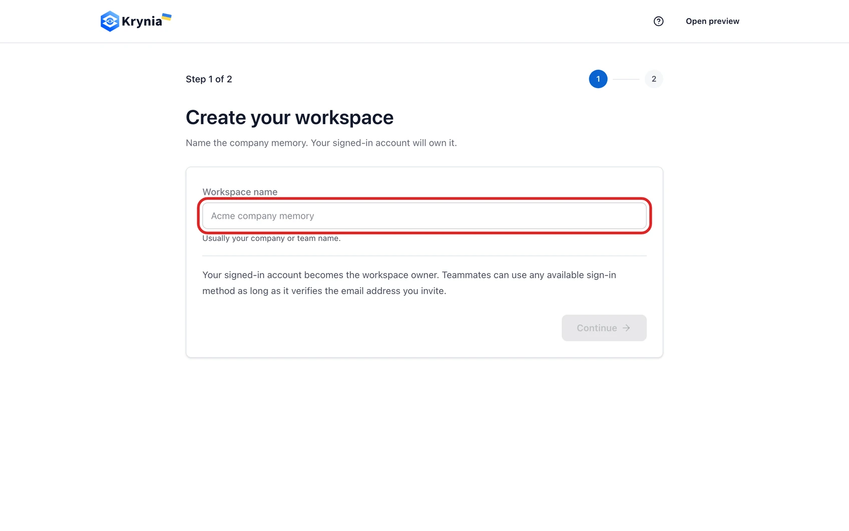 Create your first Krynia workspace: step 2. Enter the company or team name that teammates will recognize.