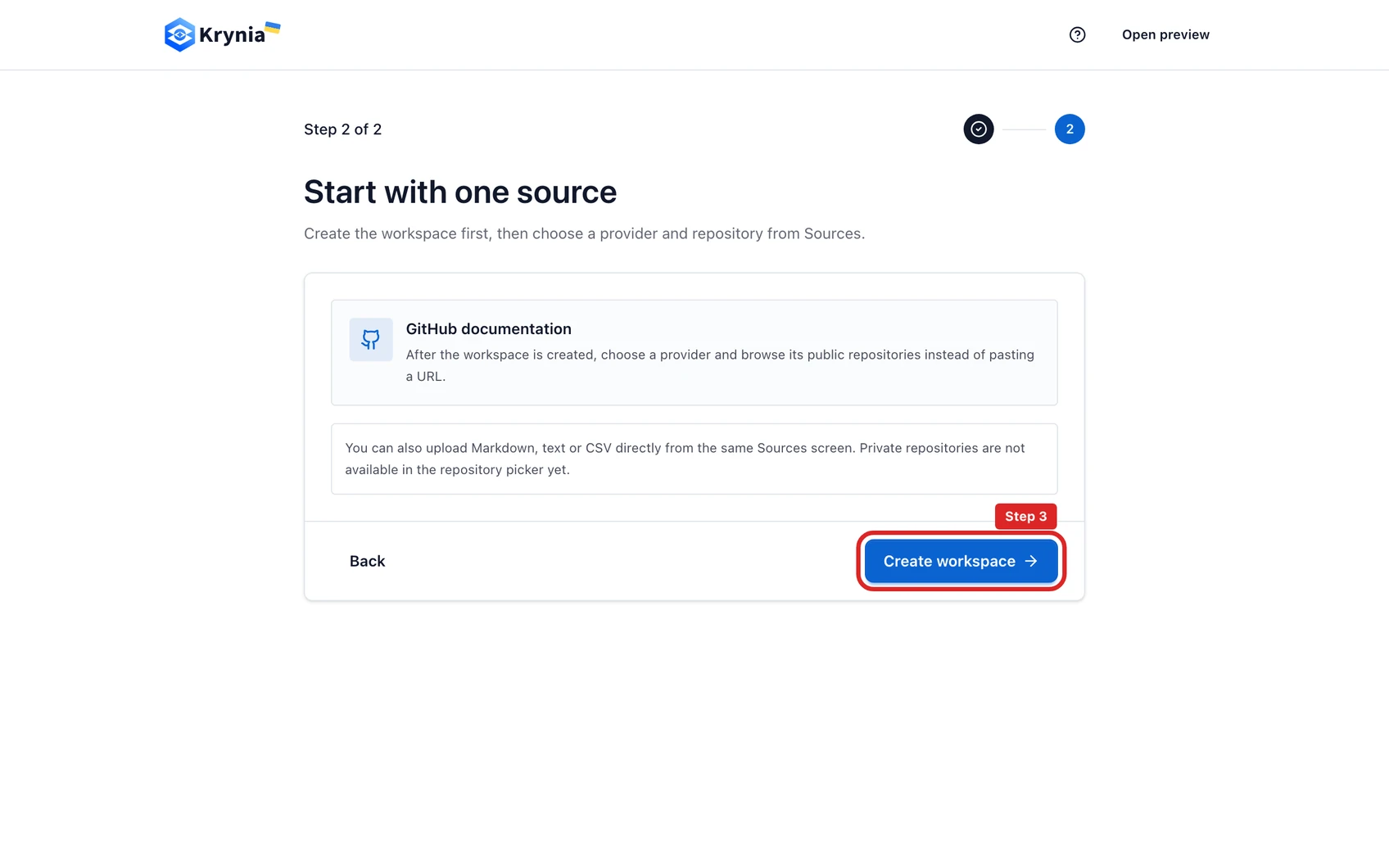 Create your first Krynia workspace: step 3. Create the workspace, then confirm you are in the real app rather than the public demo.