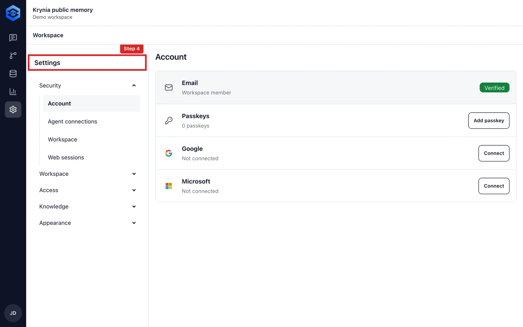 Create your first Krynia workspace: step 4. Open Settings and review workspace access before inviting the wider team.