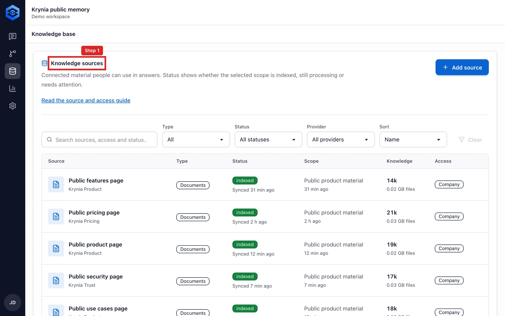 Manage sources, sync and access: step 1. Open Knowledge to see each connected source, its indexing state and the last indexed version.