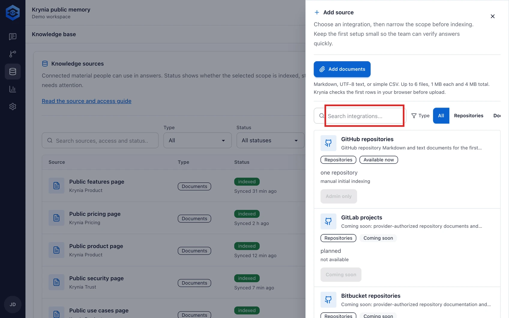 Manage sources, sync and access: step 2. Select Connect source and choose GitHub for reviewed Markdown or text files. Other providers marked as planned are not available yet.
