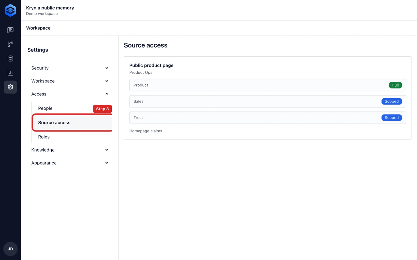 Manage sources, sync and access: step 3. Krynia checks public GitHub sources daily and reindexes only when the branch commit changes. Use Sync now whenever you need an immediate refresh; uploaded files reindex manually.