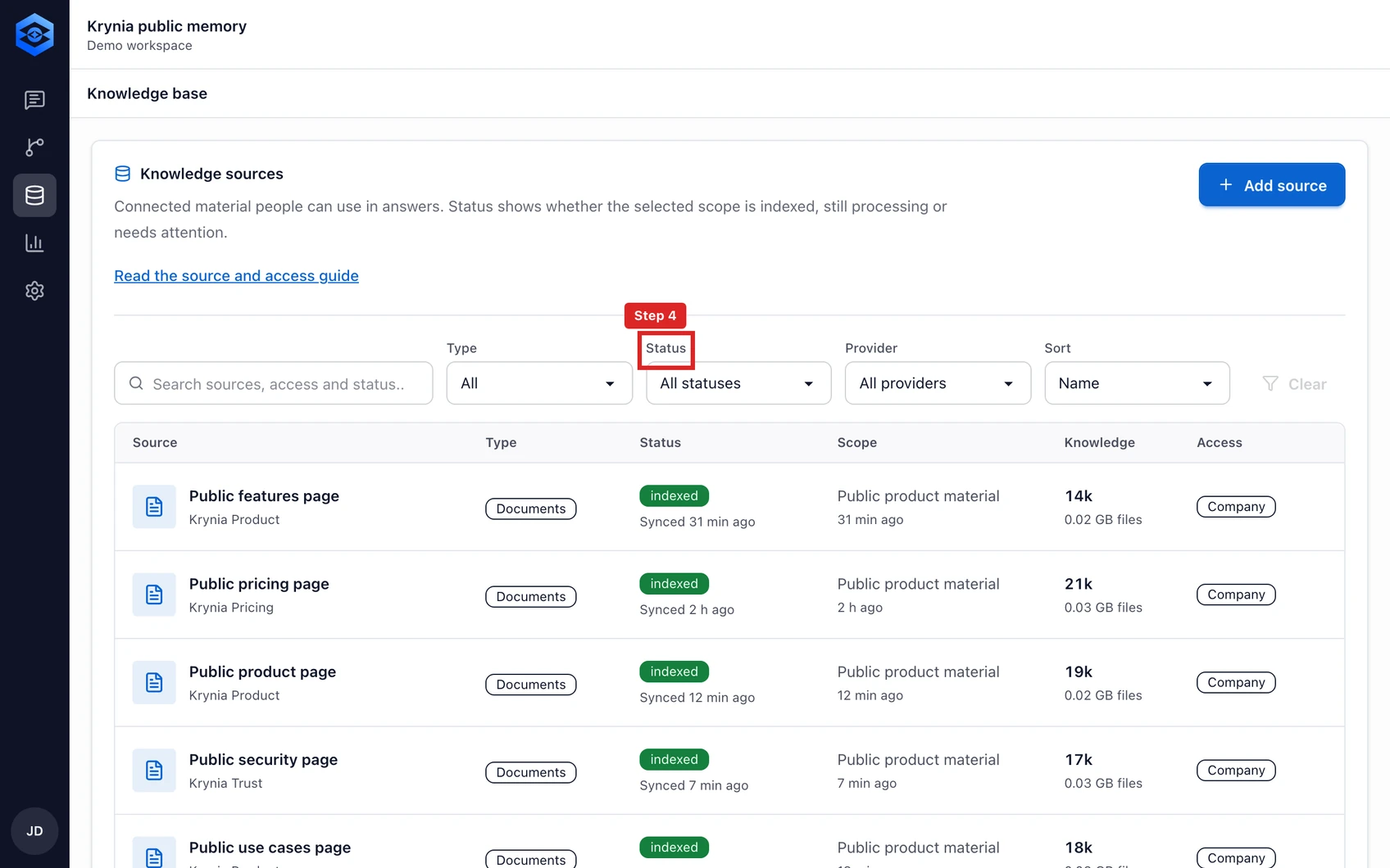 Manage sources, sync and access: step 4. Source access currently follows workspace membership. Use People to review members and roles before connecting material for that workspace.