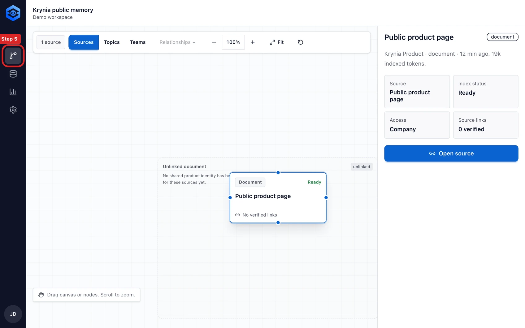 Manage sources, sync and access: step 5. Disconnect a source when it should no longer be searchable. Krynia removes its active generation first, then deletes the source artifacts and citations.