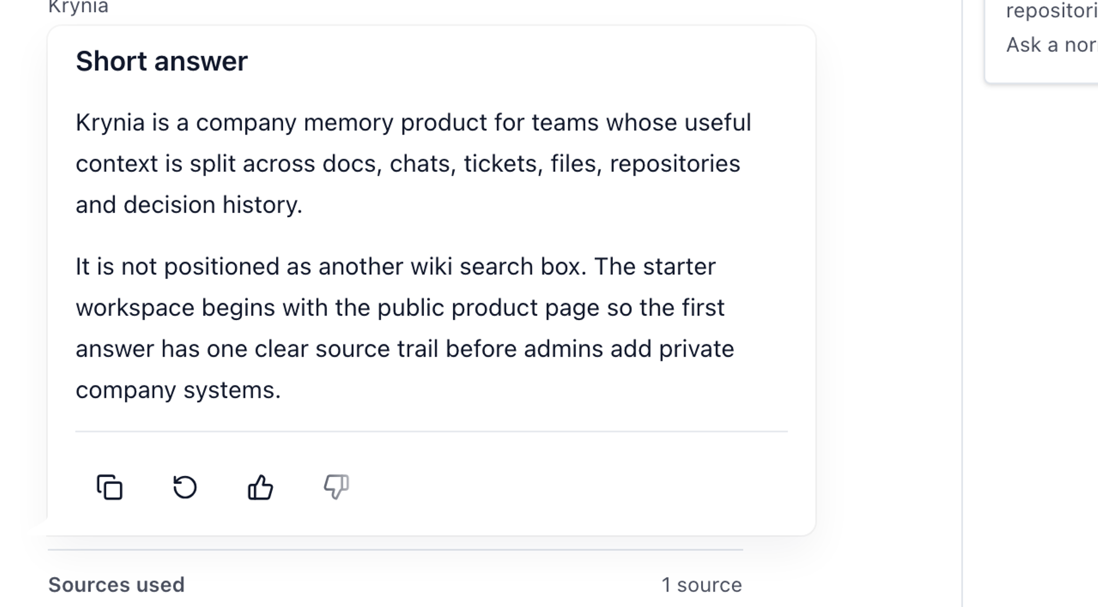 Krynia workspace showing a cited answer with sources and answer context.